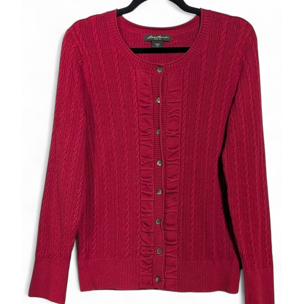 ❤️ Vintage Eddie Bauer Red Ruffle Cable Knit Cardigan Size Medium Ruched❤️